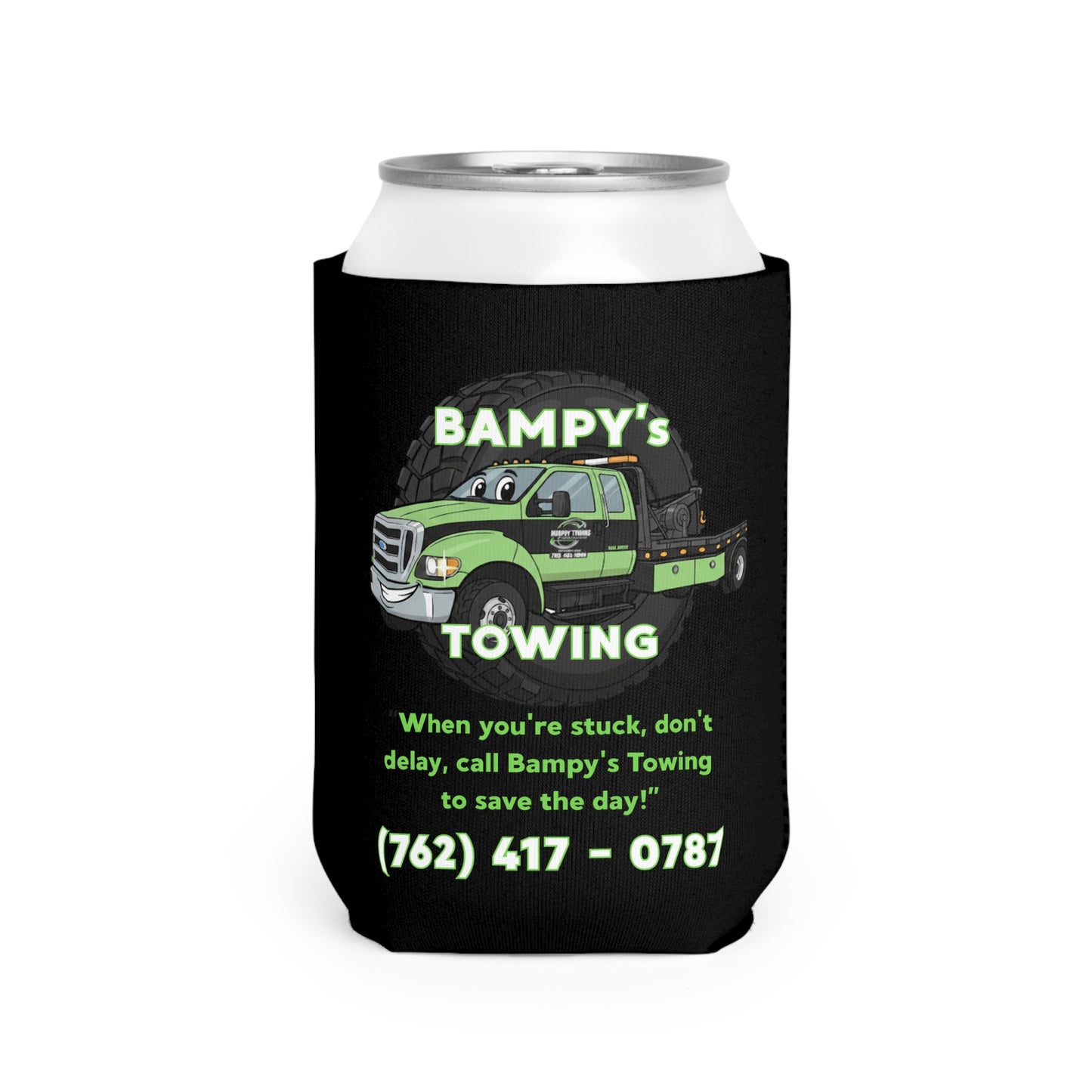 Can Cooler Sleeve — Bampy's Towing Logo Koozie (Custom Phone Number, Roadside Assistance)