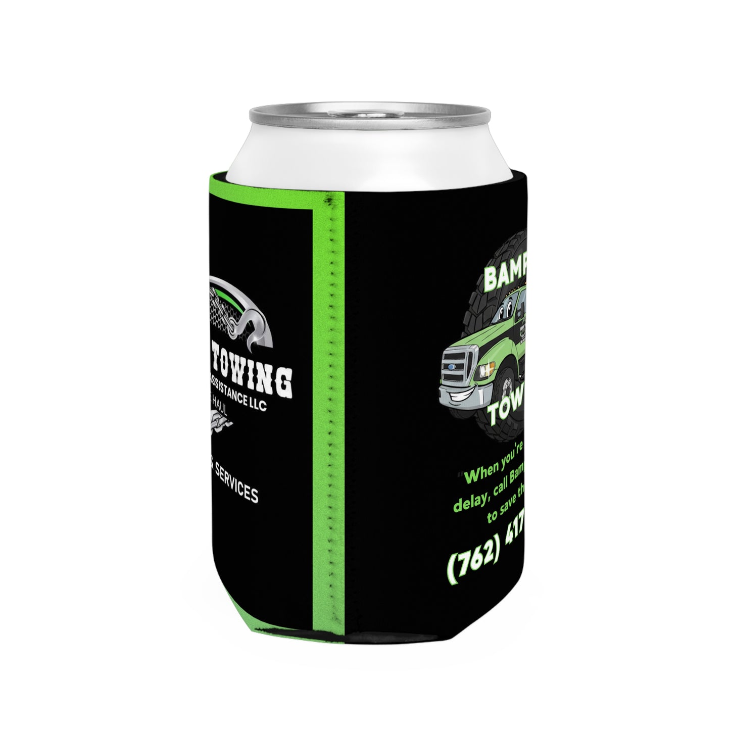 Can Cooler Sleeve — Bampy's Towing Logo Koozie (Custom Phone Number, Roadside Assistance)