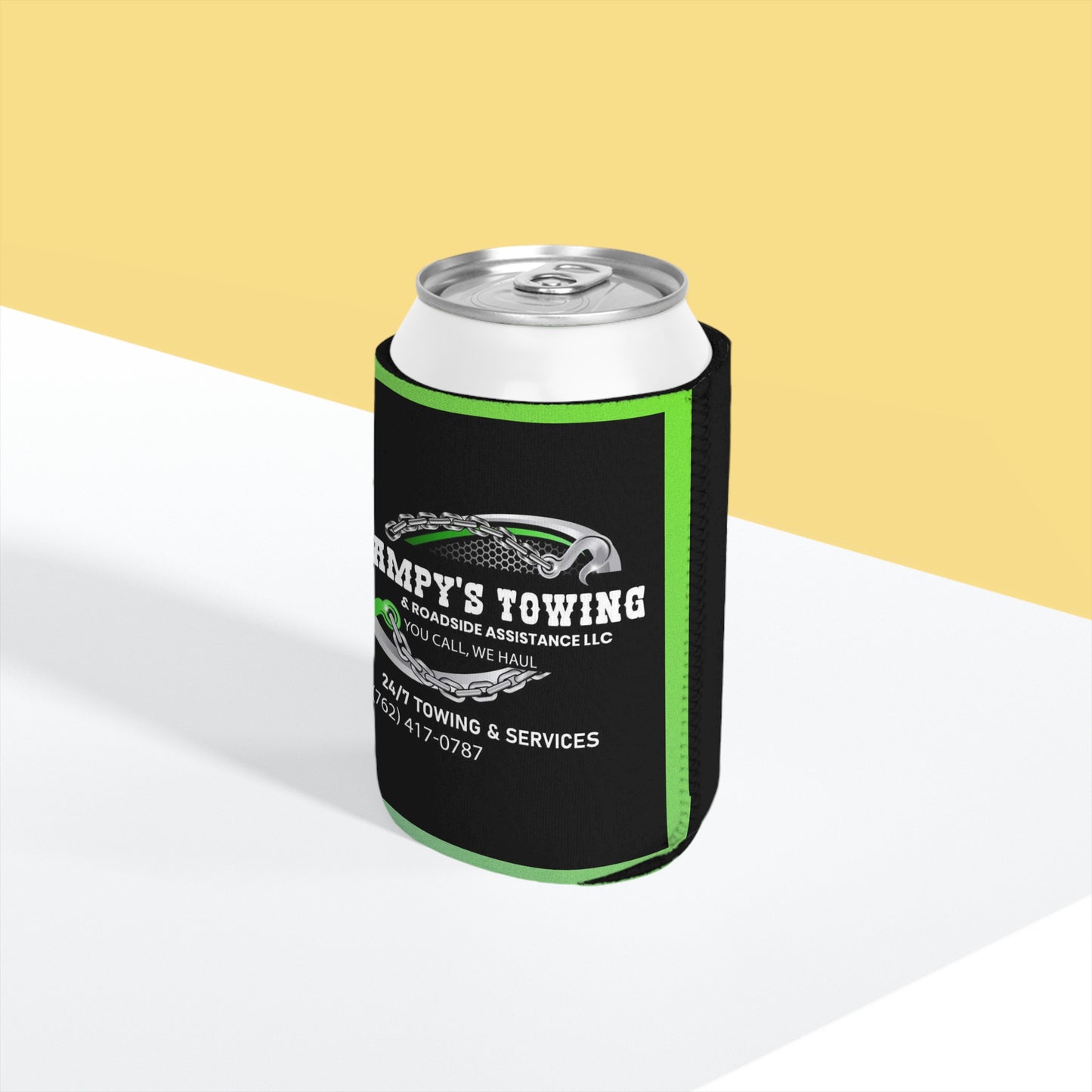 Can Cooler Sleeve — Bampy's Towing Logo Koozie (Custom Phone Number, Roadside Assistance)